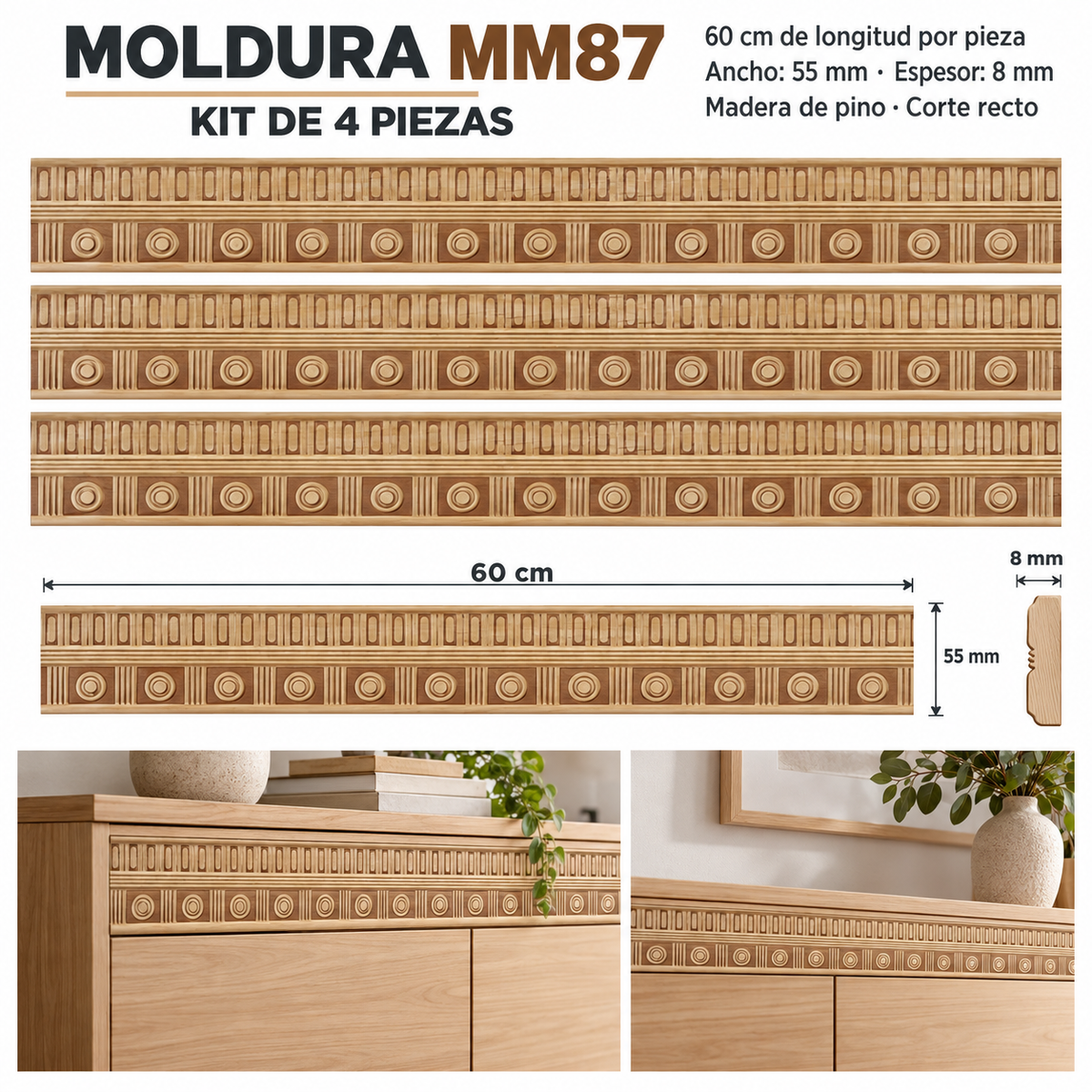 Moldura de madera grabada para mueble MM-87 – Kit de 4 piezas