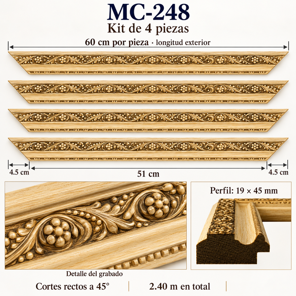 Moldura de madera grabada para marco MC248 – Kit de 4 piezas