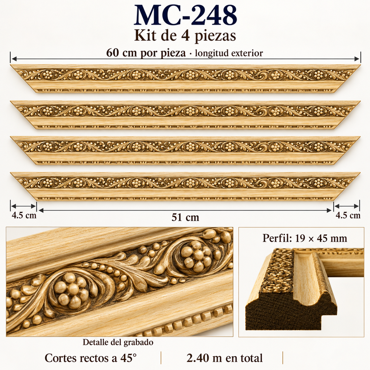 Moldura de madera grabada para marco MC248 – Kit de 4 piezas