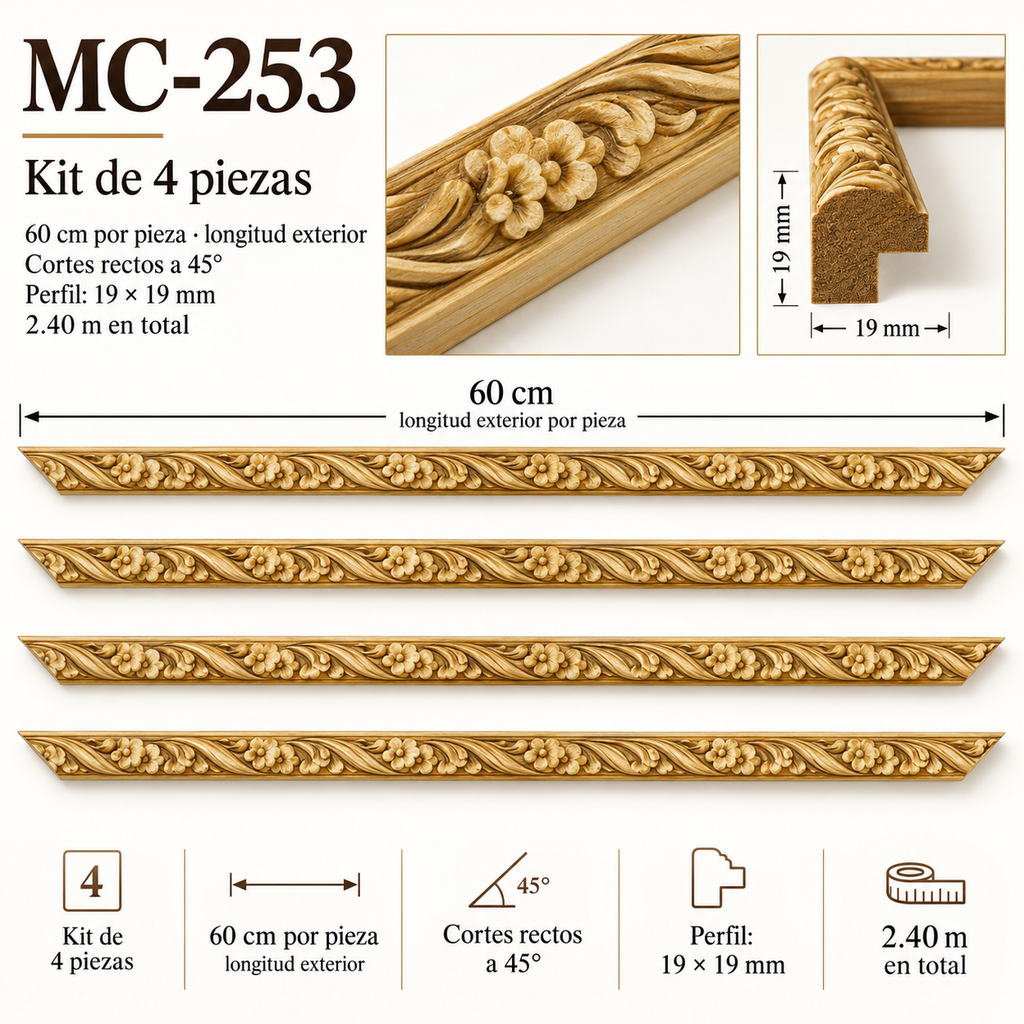 Moldura de madera grabada para marco MC253 – Kit de 4 piezas
