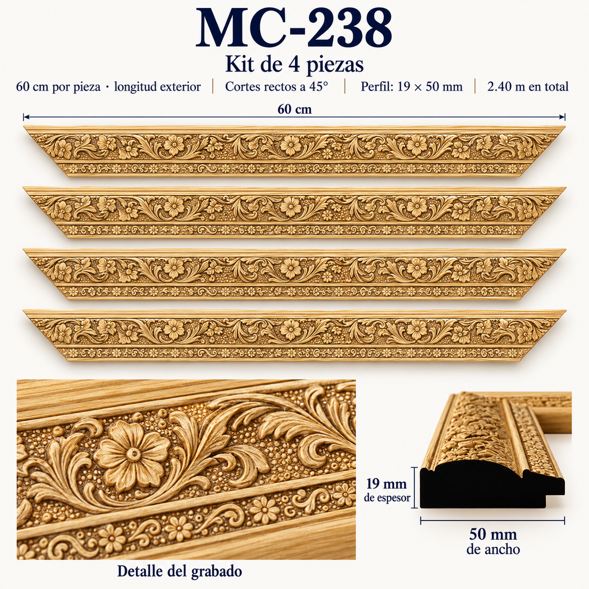 Moldura de madera grabada para marco MC238 – Kit de 4 piezas