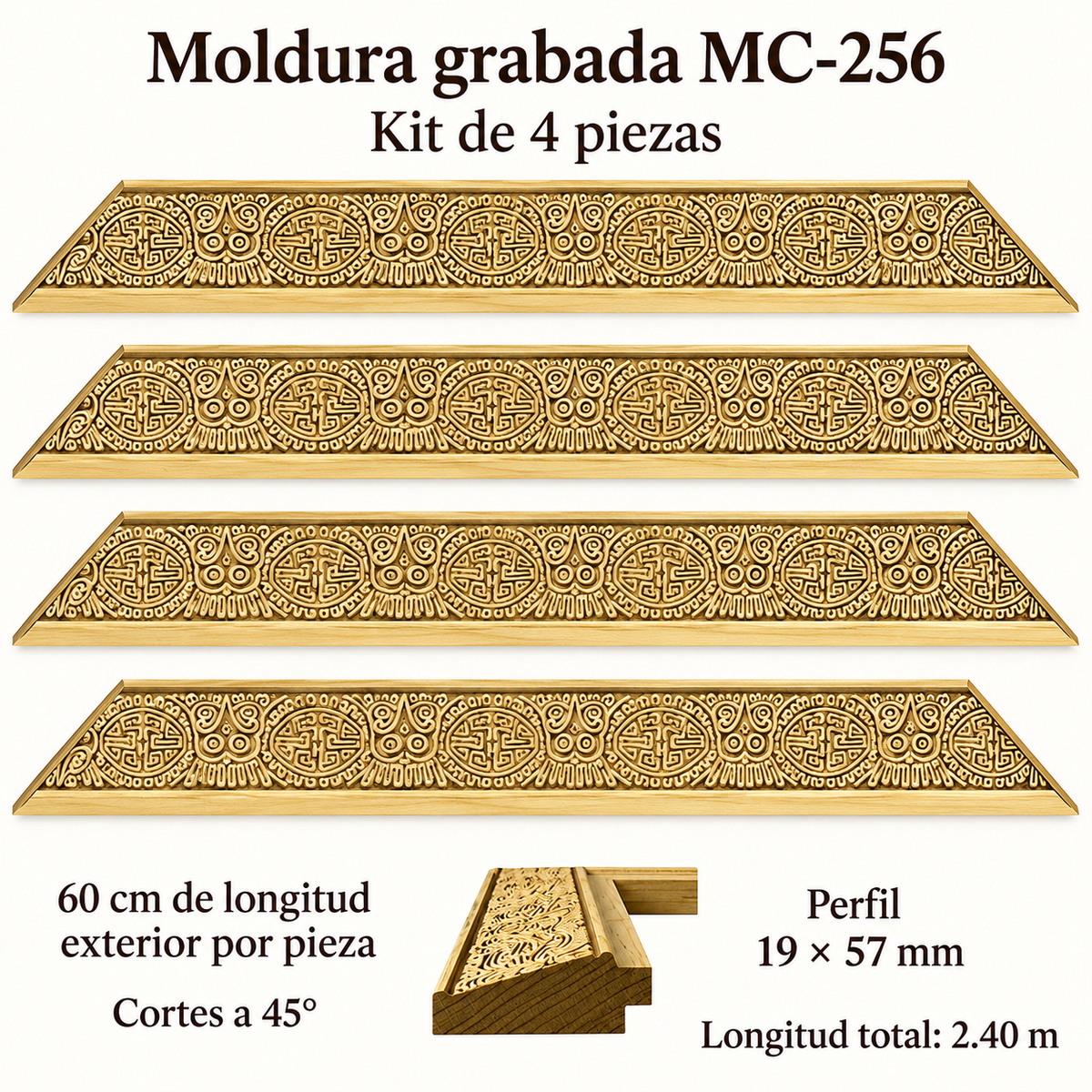 Moldura de madera grabada para marco MC256 – Kit de 4 piezas