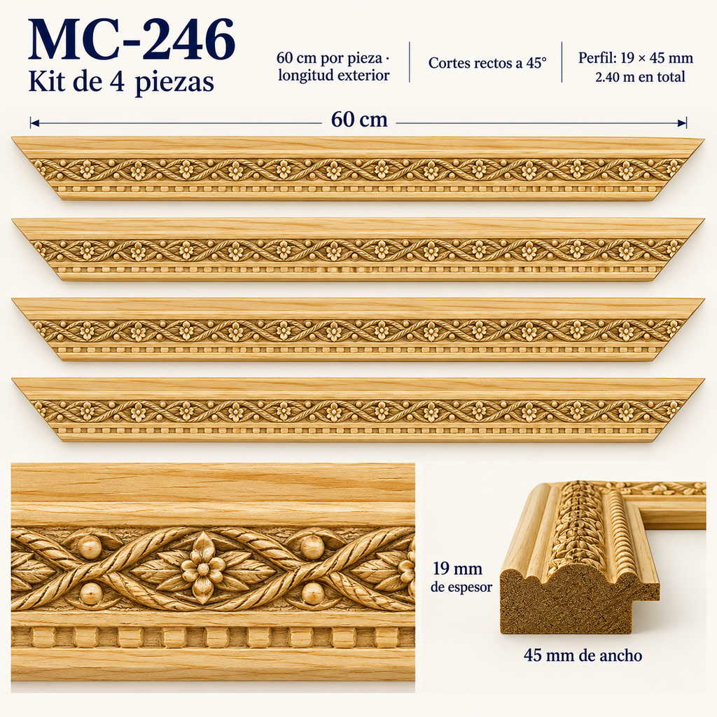 Moldura de madera grabada para marco MC246 – Kit de 4 piezas