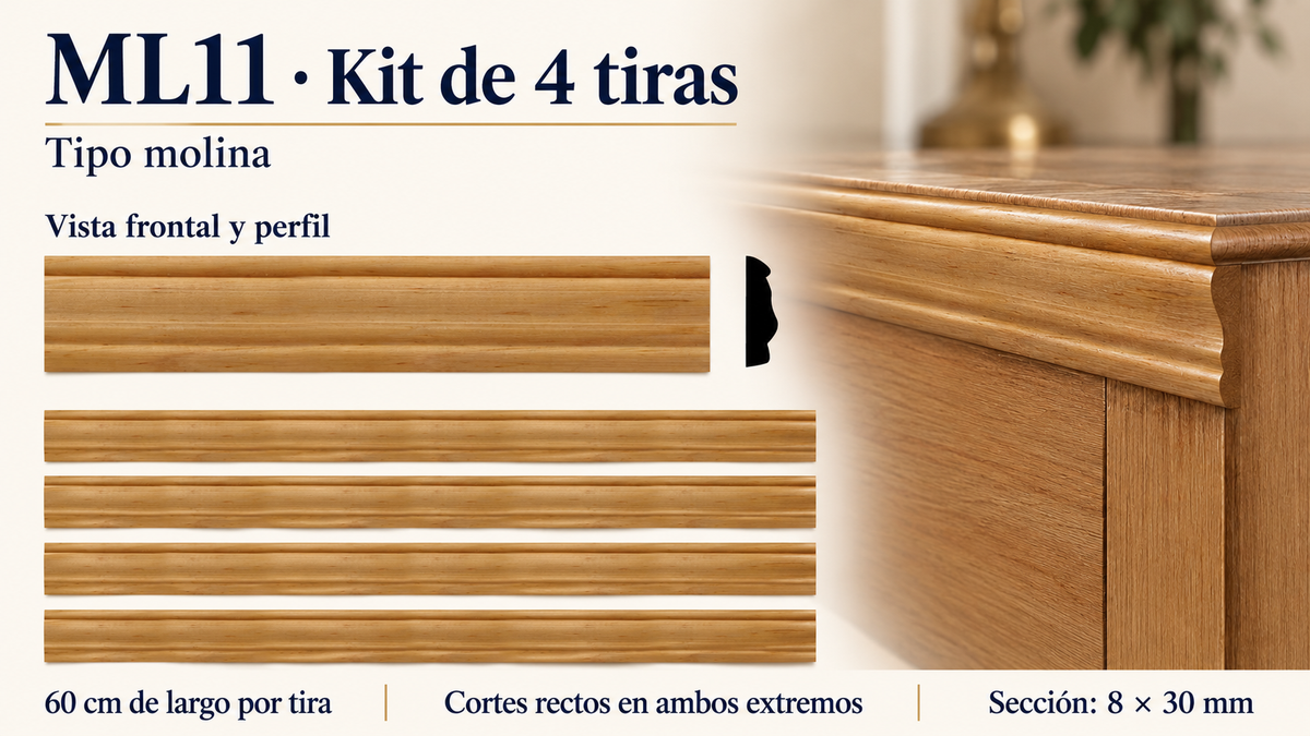 Moldura de madera lisa para mueble ML-11– Kit de 4 Piezas TIPO MOLINA