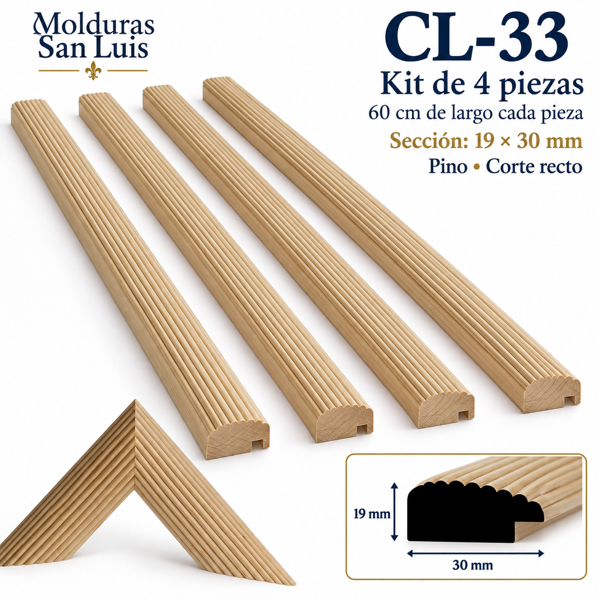 Moldura de madera lisa para marco CL33 – Kit de 4 piezas