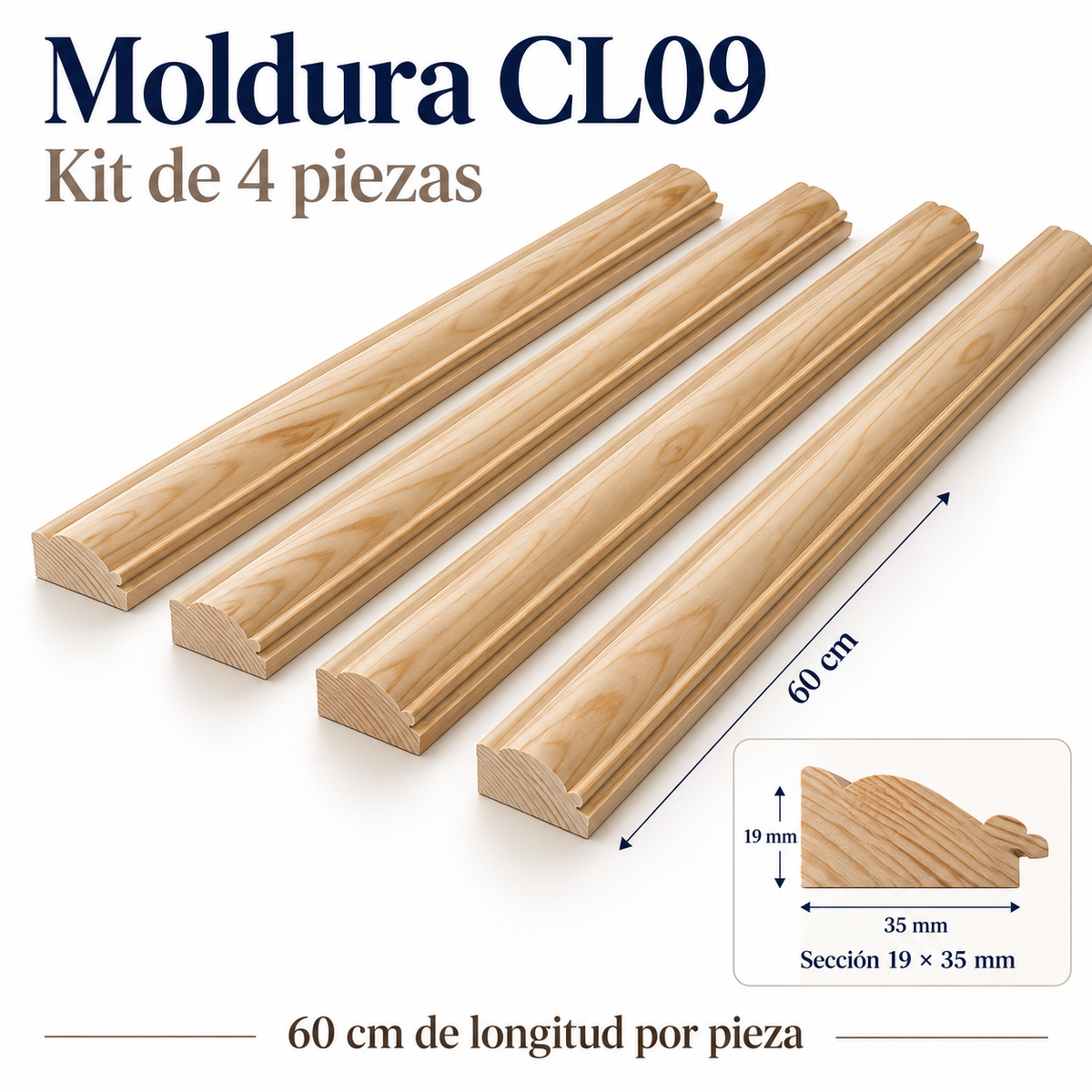 Moldura de madera lisa para marco CL09 – Kit de 4 piezas