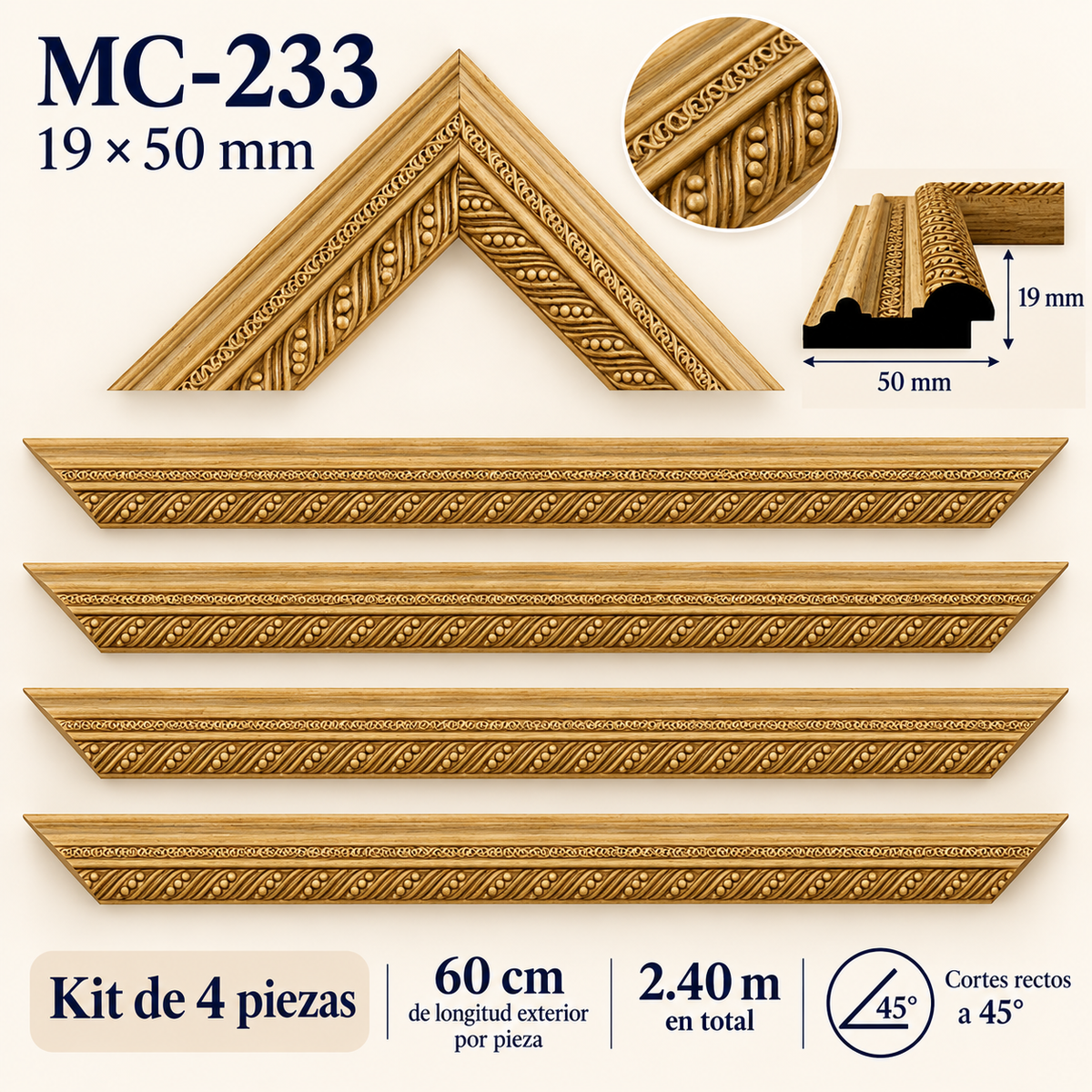 Moldura de madera grabada para marco MC233 – Kit de 4 piezas