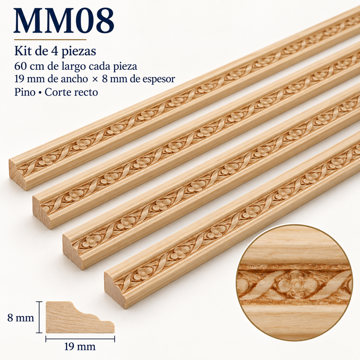 Moldura de madera grabada para mueble MM-08 – Kit de 4 piezas