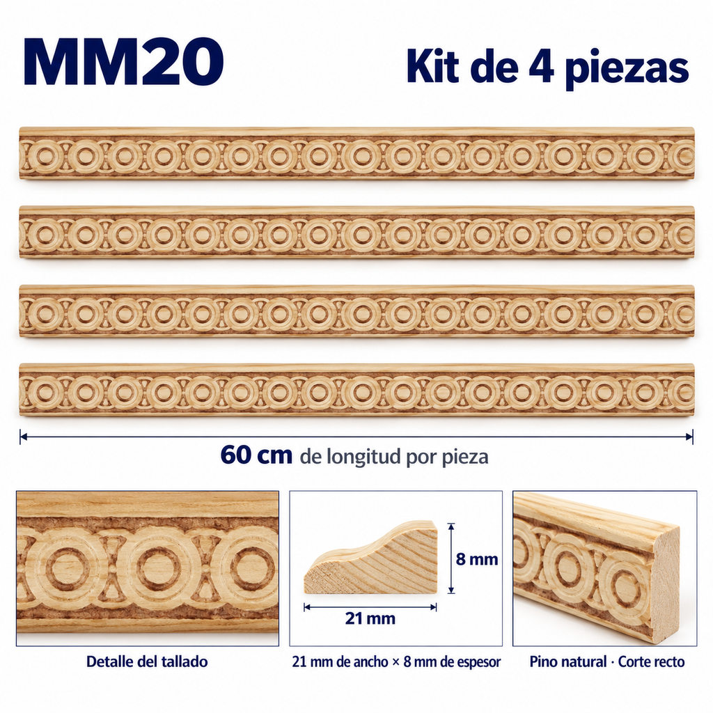 Moldura de madera grabada para mueble MM-20 – Kit de 4 piezas