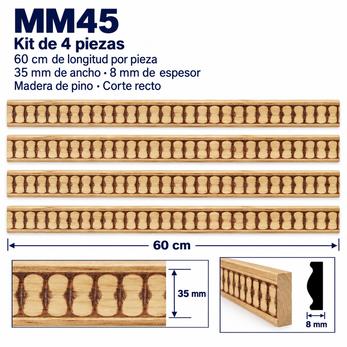 Moldura de madera grabada para mueble MM-45 – Kit de 4 piezas
