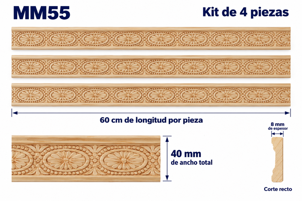 Moldura de madera grabada para mueble MM-55 – Kit de 4 piezas