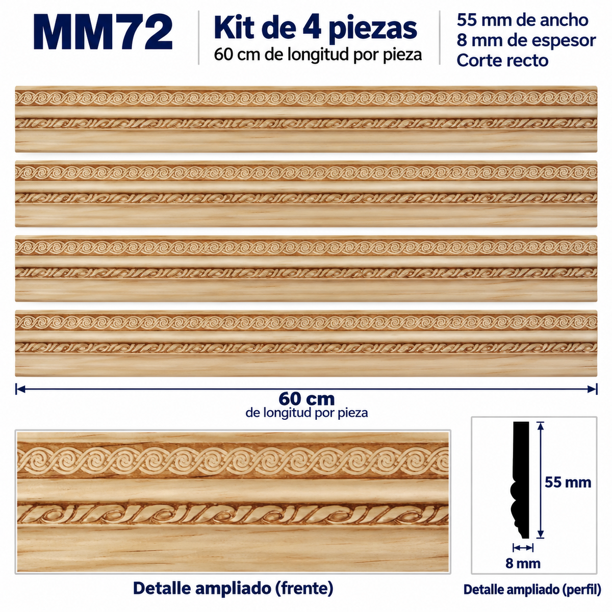 Moldura de madera grabada para mueble MM-72 – Kit de 4 piezas