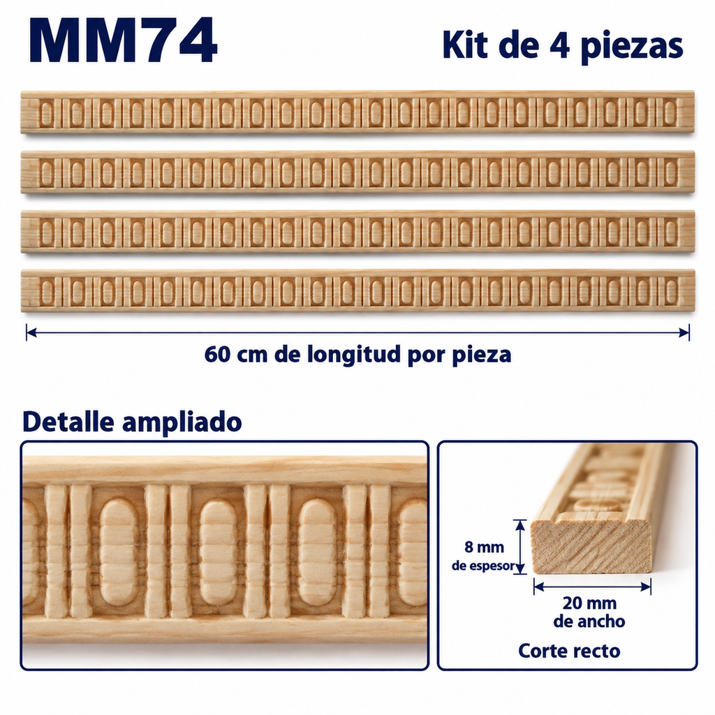 Moldura de madera grabada para mueble MM-74 – Kit de 4 piezas