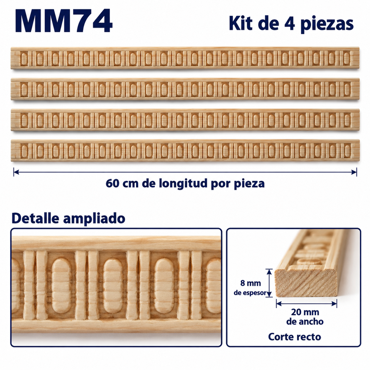 Moldura de madera grabada para mueble MM-74 – Kit de 4 piezas