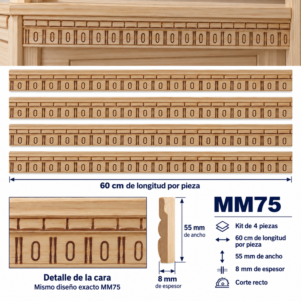 Moldura de madera grabada para mueble MM-75 – Kit de 4 piezas