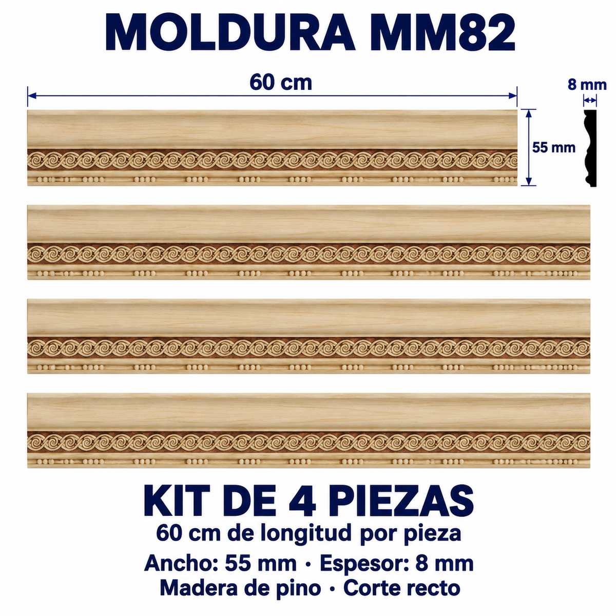 Moldura de madera grabada para mueble MM-82 – Kit de 4 piezas