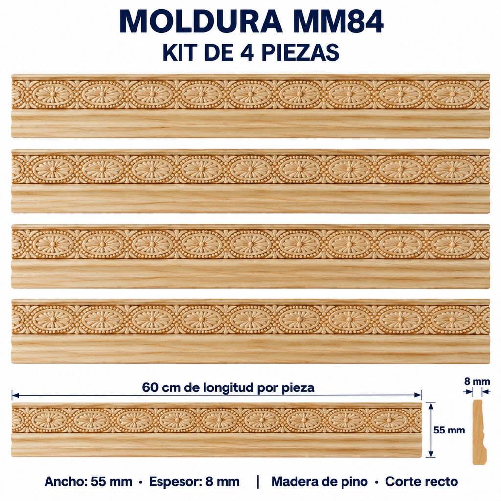 Moldura de madera grabada para mueble MM-84 – Kit de 4 piezas