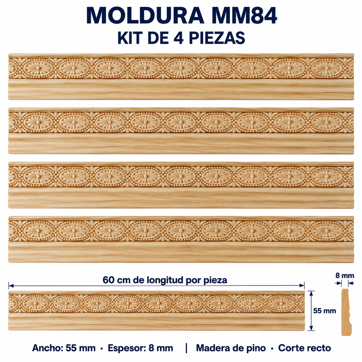 Moldura de madera grabada para mueble MM-84 – Kit de 4 piezas
