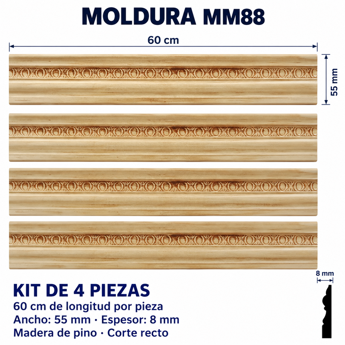 Moldura de madera grabada para mueble MM-88 – Kit de 4 piezas