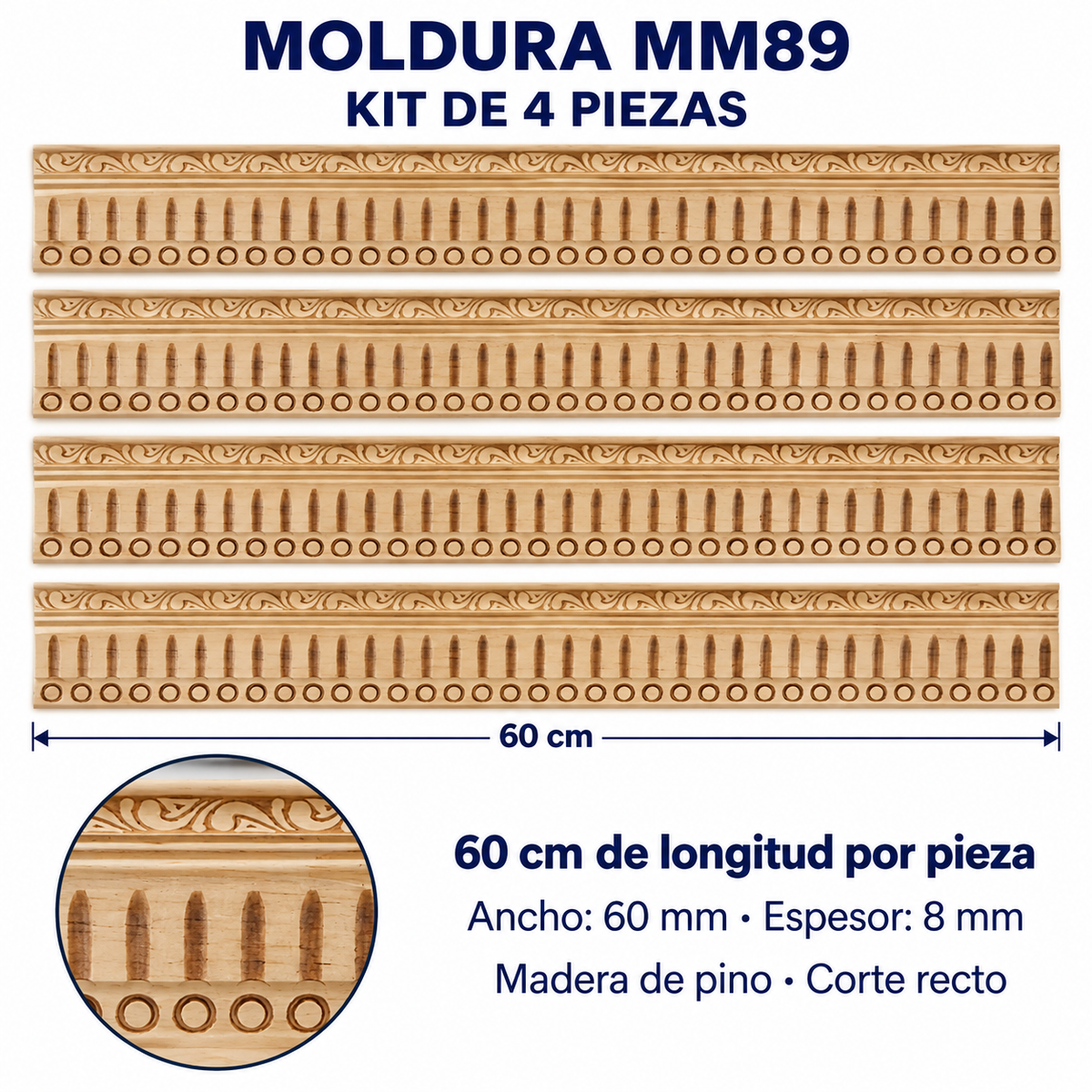Moldura de madera grabada para mueble MM-89 – Kit de 4 piezas
