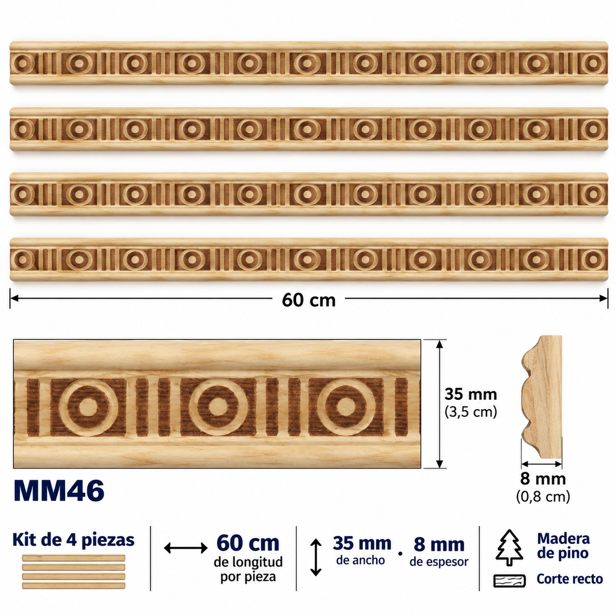 Moldura de madera grabada para mueble MM-46 – Kit de 4 piezas