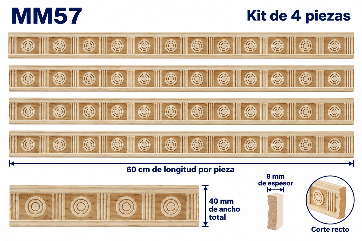 Moldura de madera grabada para mueble MM-57 – Kit de 4 piezas