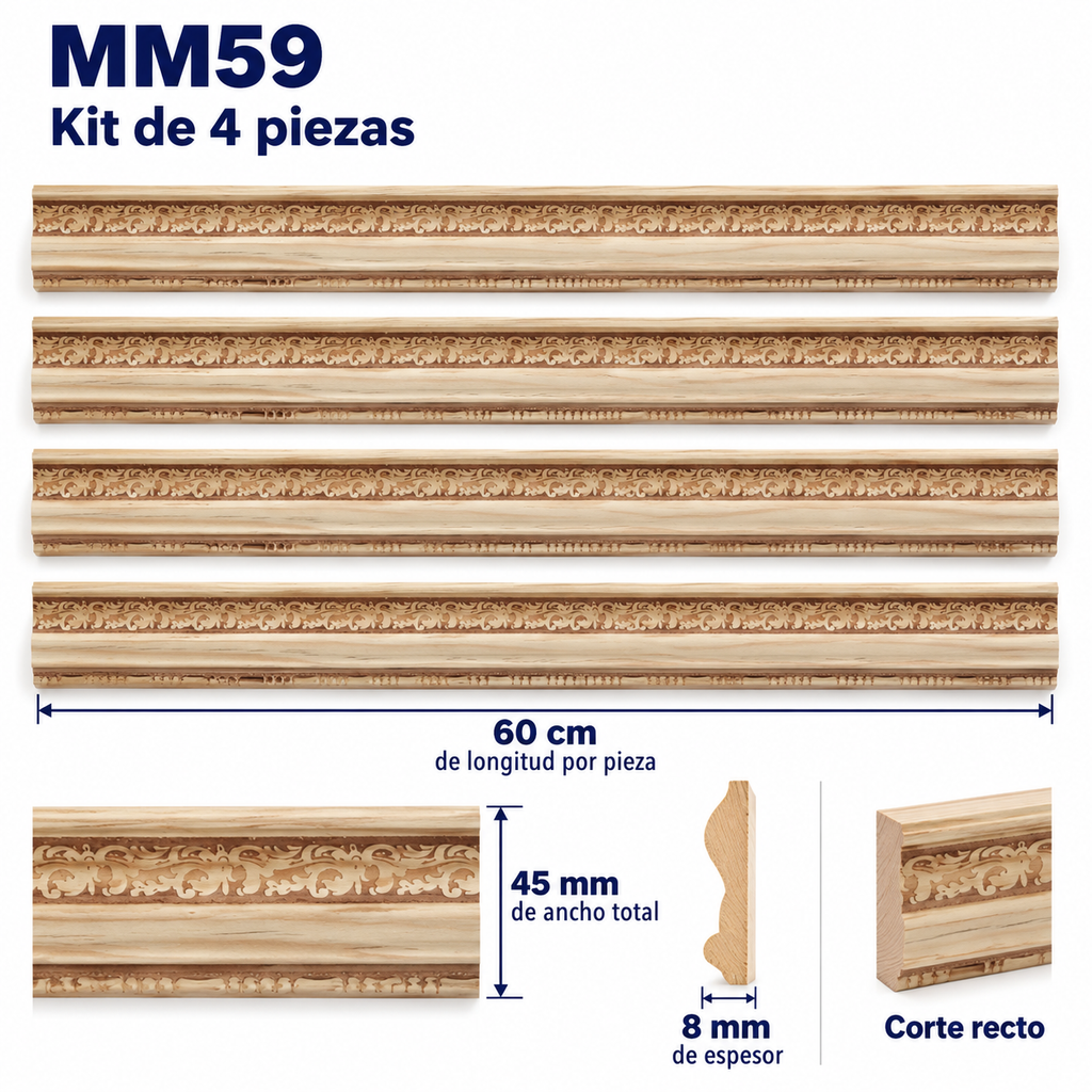 Moldura de madera grabada para mueble MM-59 –Kit de 4 piezas