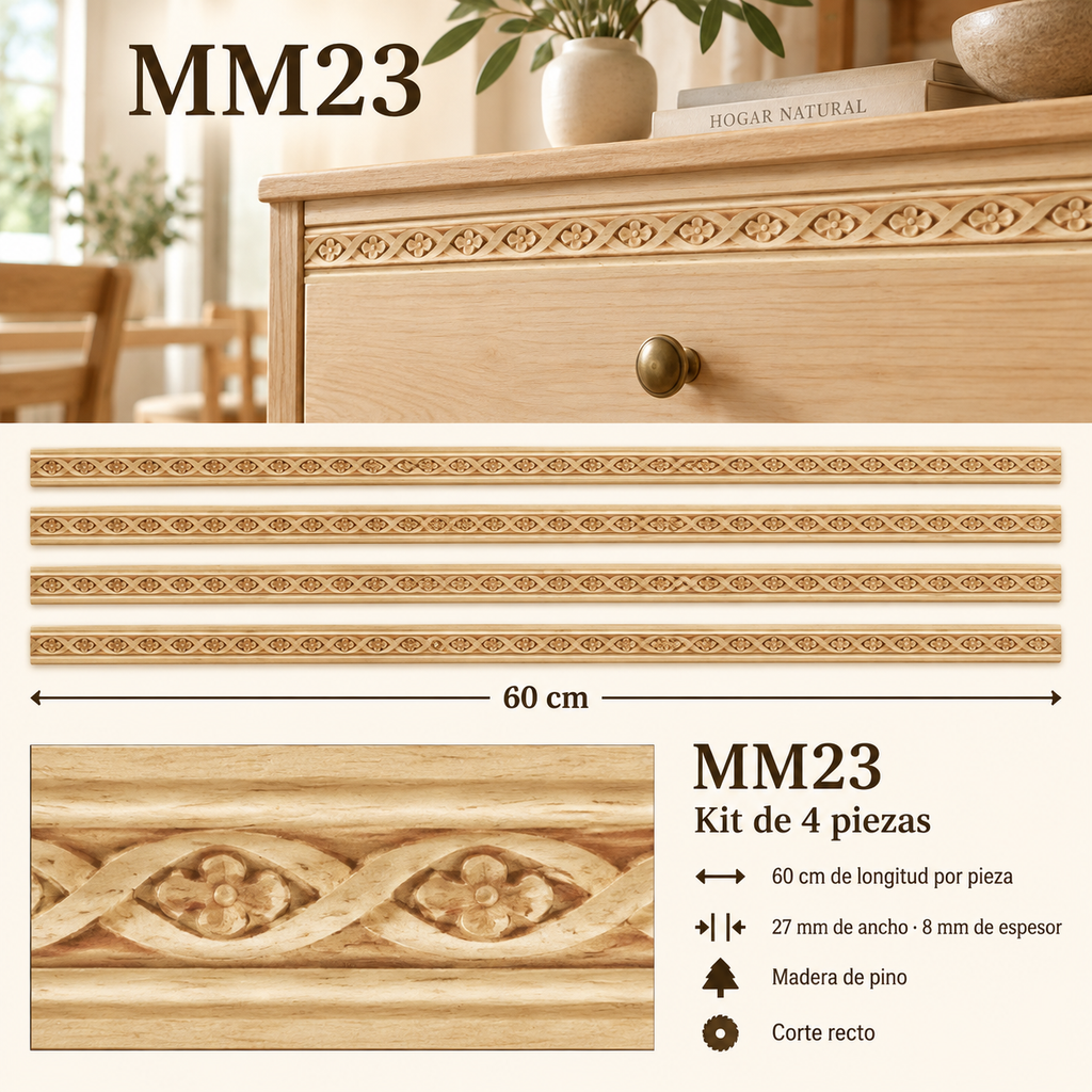 Moldura de madera grabada para mueble MM-23 – Kit de 4 piezas
