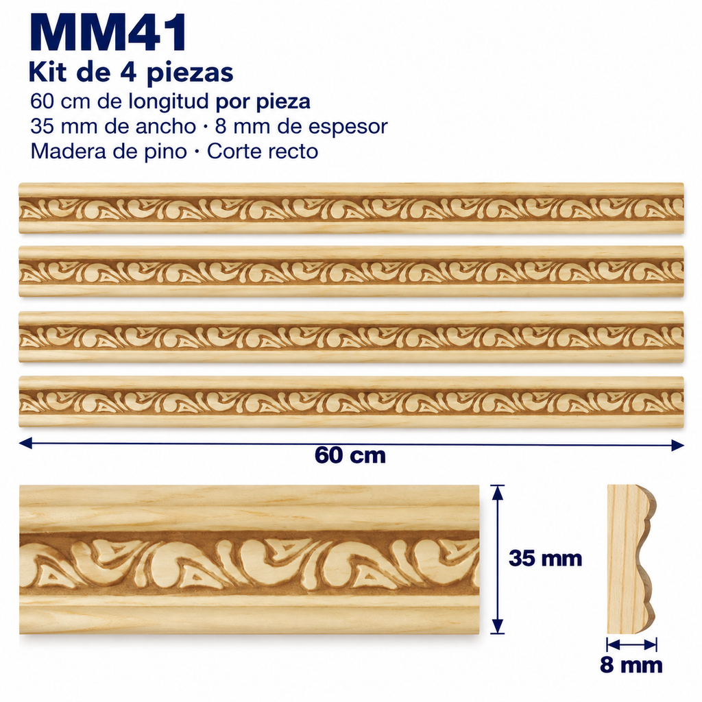 Moldura de madera grabada para mueble MM-41 – Kit de 4 piezas