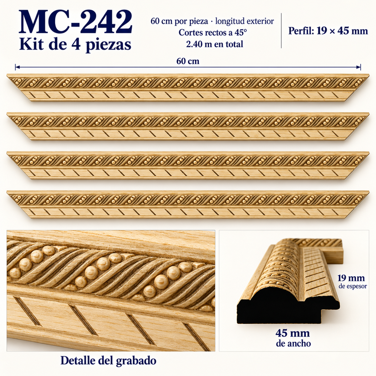 Moldura de madera grabada para marco MC242 – Kit de 4 piezas