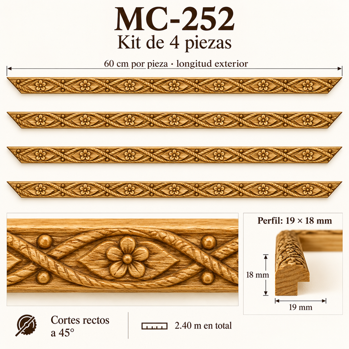 Moldura de madera grabada para marco MC252 – Kit de 4 piezas