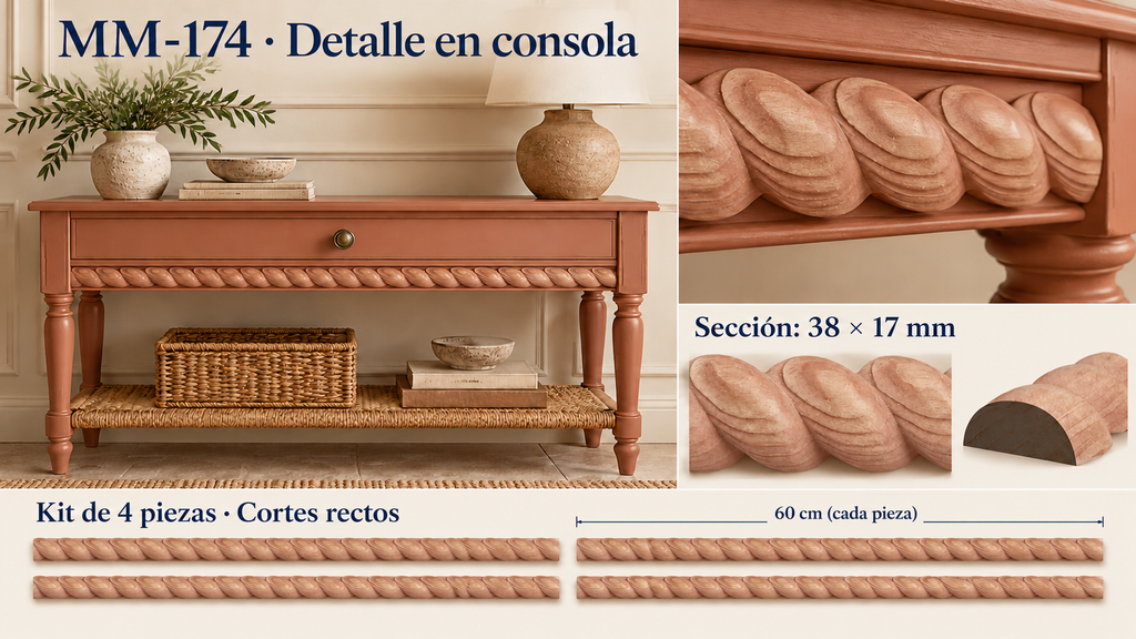 Kit 8 Molduras Media Caña Grabadas MM-174 de Madera | 55 cm c/u | Pino Natural