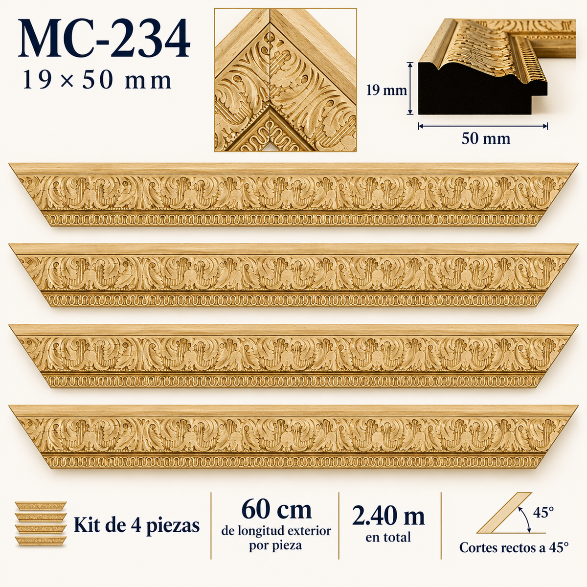 Moldura de madera grabada para marco MC234 – Kit de 4 piezas