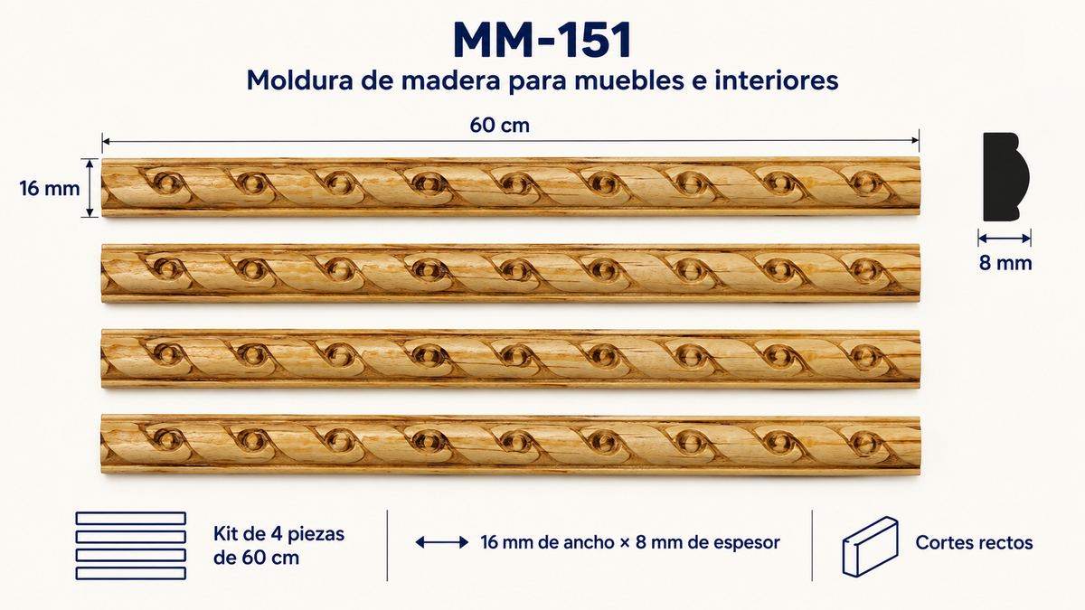 Moldura de madera grabada para mueble MM-151 – Kit de 4 piezas