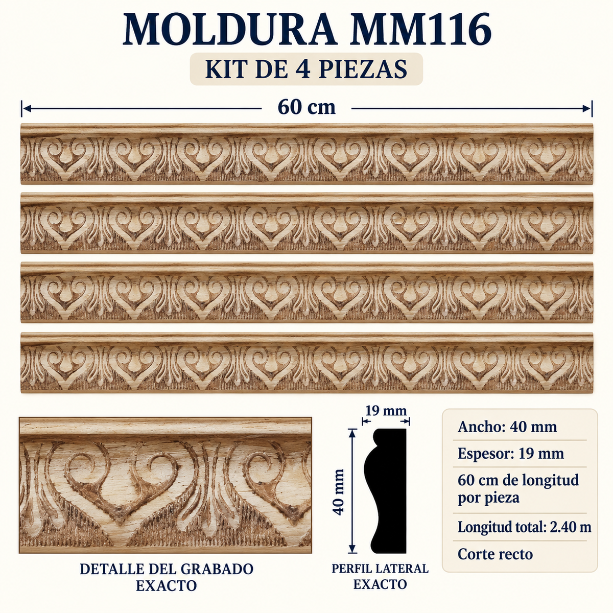 Moldura de madera grabada para mueble MM-116 – Kit de 4 piezas