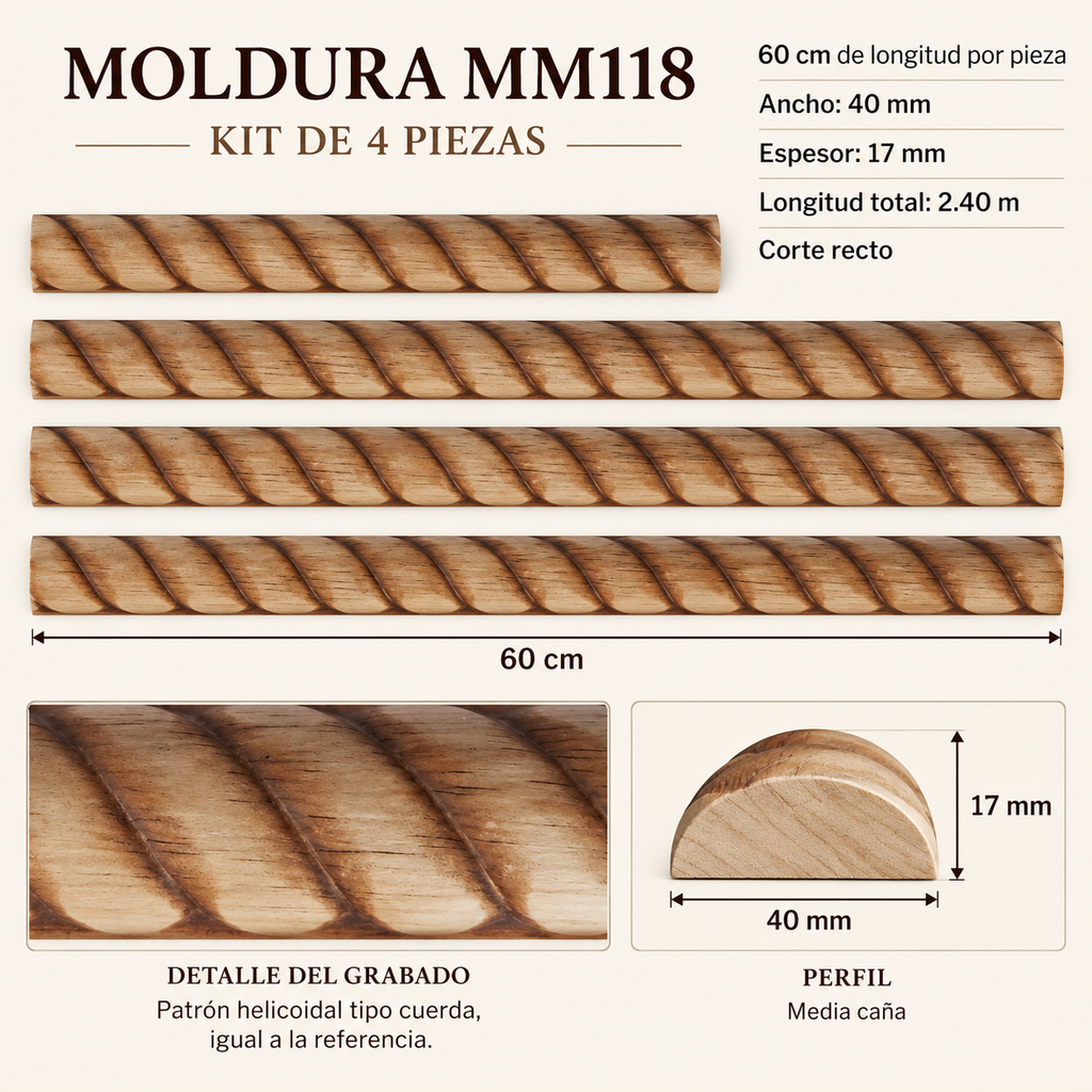 Moldura de madera grabada para mueble MM-118 – Kit de 4 piezas