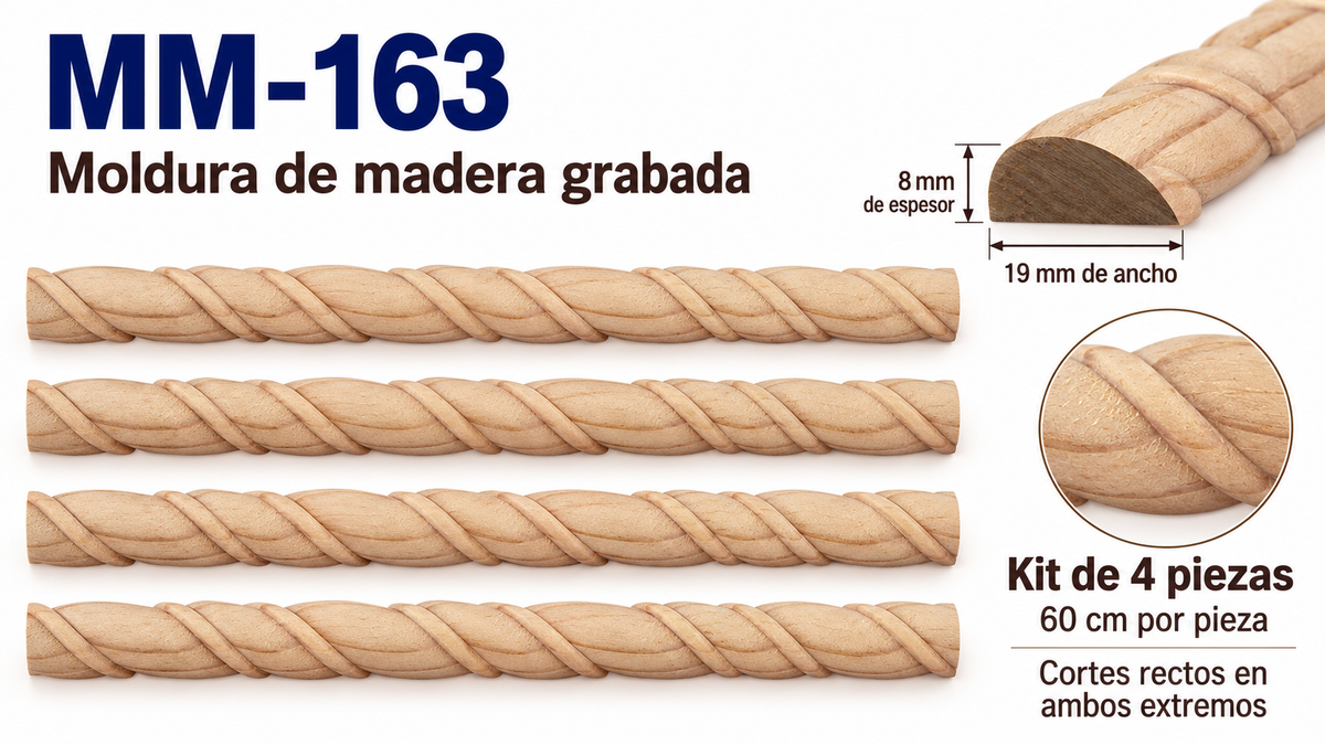 Kit 8 Molduras Media Caña Grabadas MM-163 de Madera | 55 cm c/u | Pino Natural