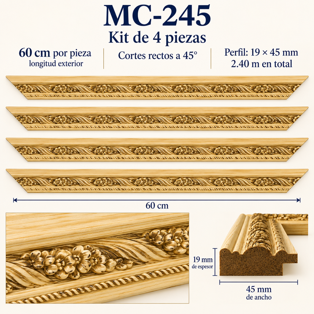 Moldura de madera grabada para marco MC245 – Kit de 4 piezas