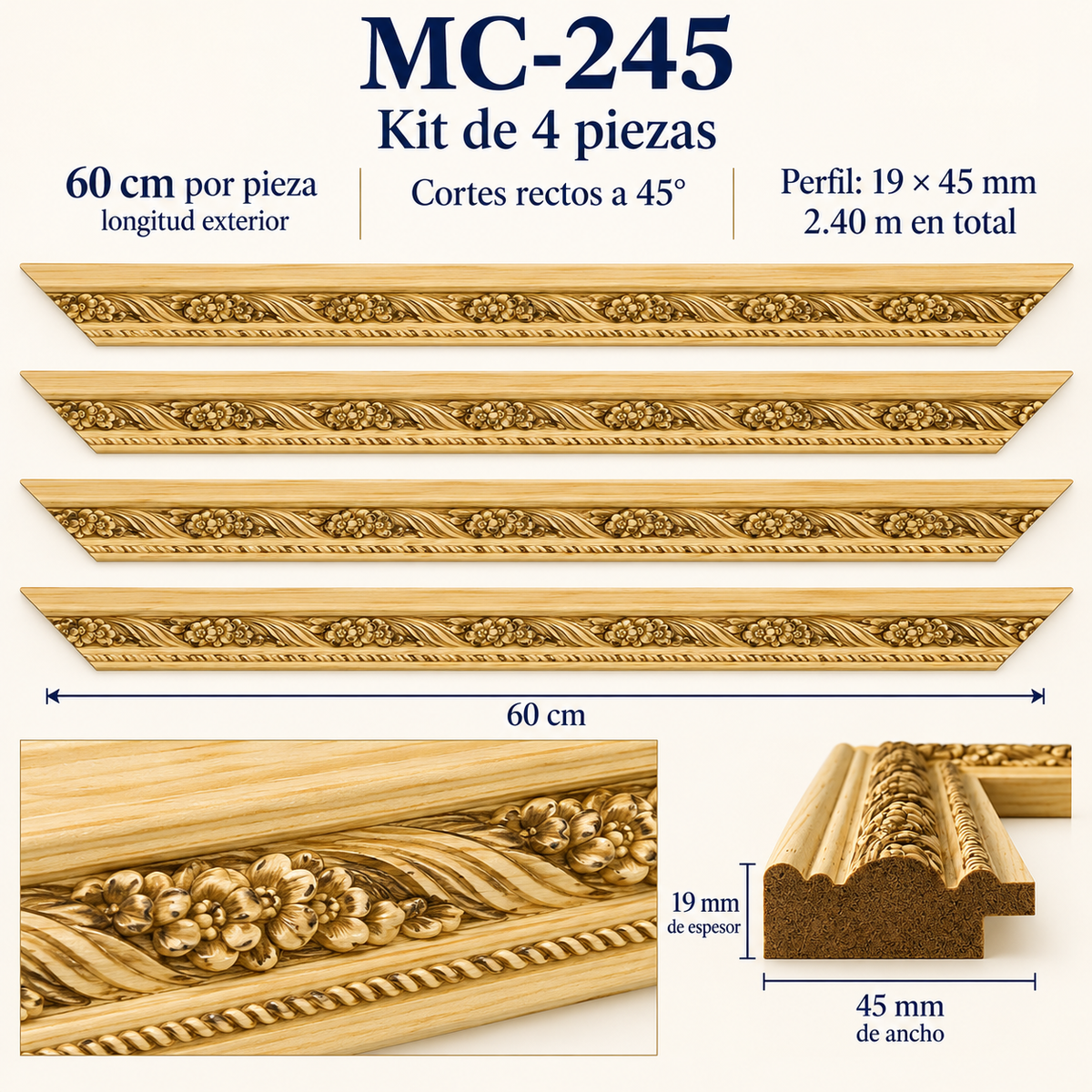 Moldura de madera grabada para marco MC245 – Kit de 4 piezas