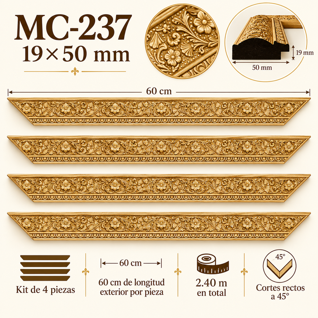 Moldura de madera grabada para marco MC237 – Kit de 4 piezas