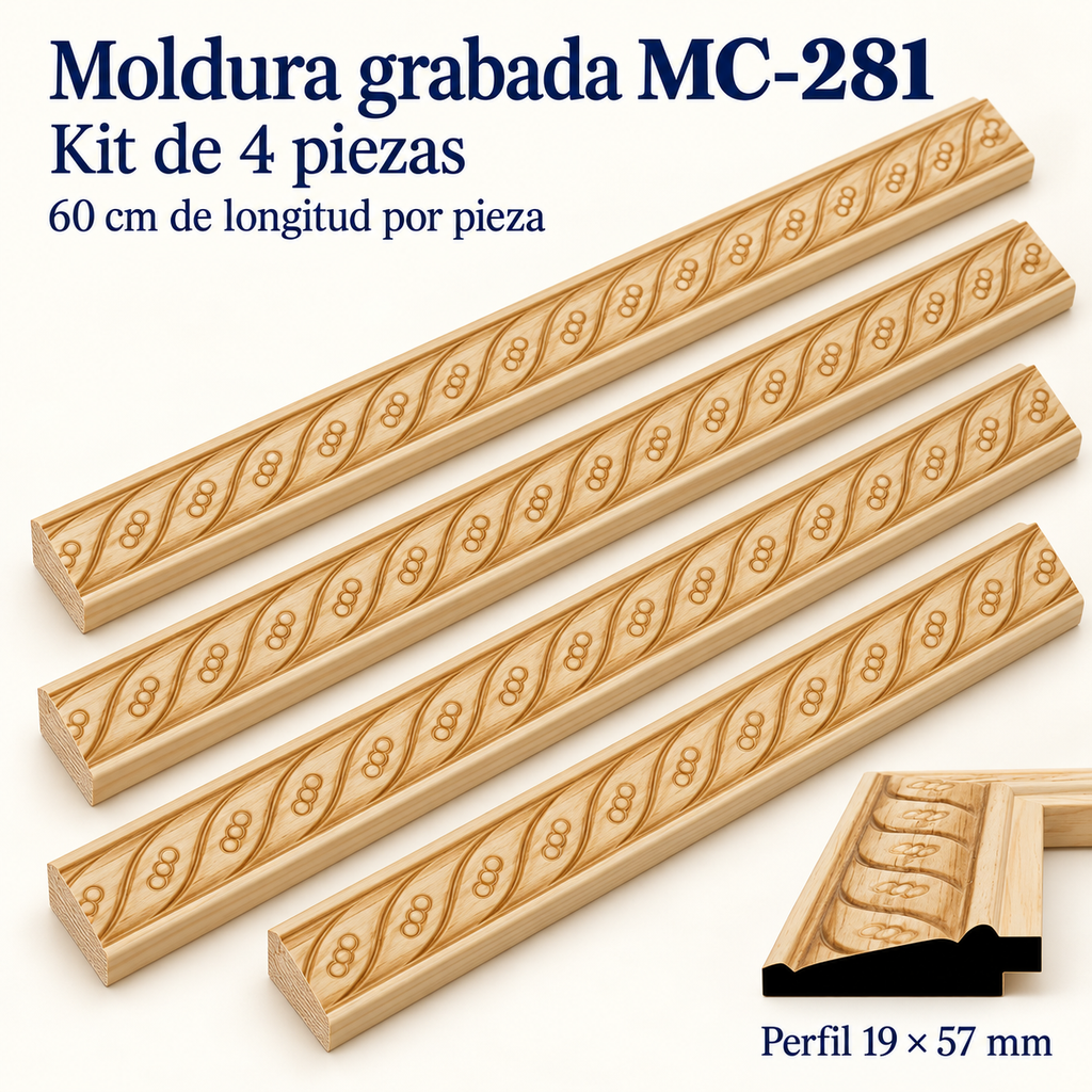 Moldura de madera grabada para marco MC281 – Kit de 4 piezas
