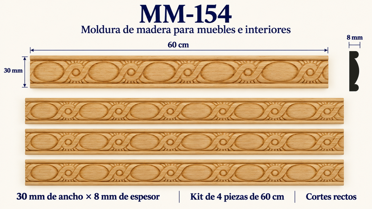 Moldura de madera grabada para mueble MM-154 – Kit de 4 piezas