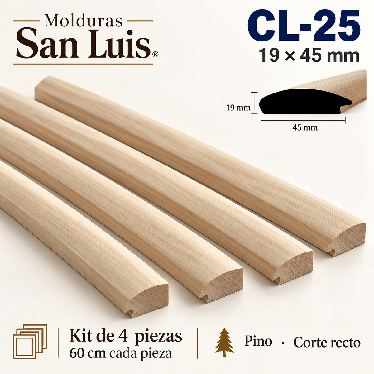 Moldura de madera lisa para marco CL25 – Kit de 4 piezas