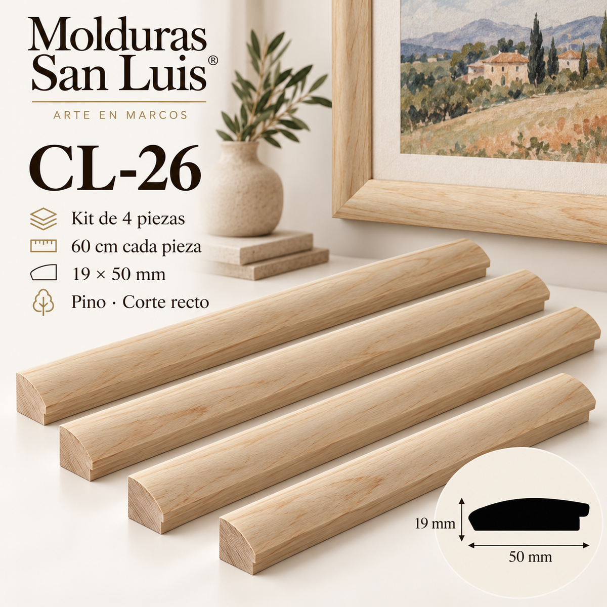 Moldura de madera lisa para marco CL26 – Kit de 4 piezas