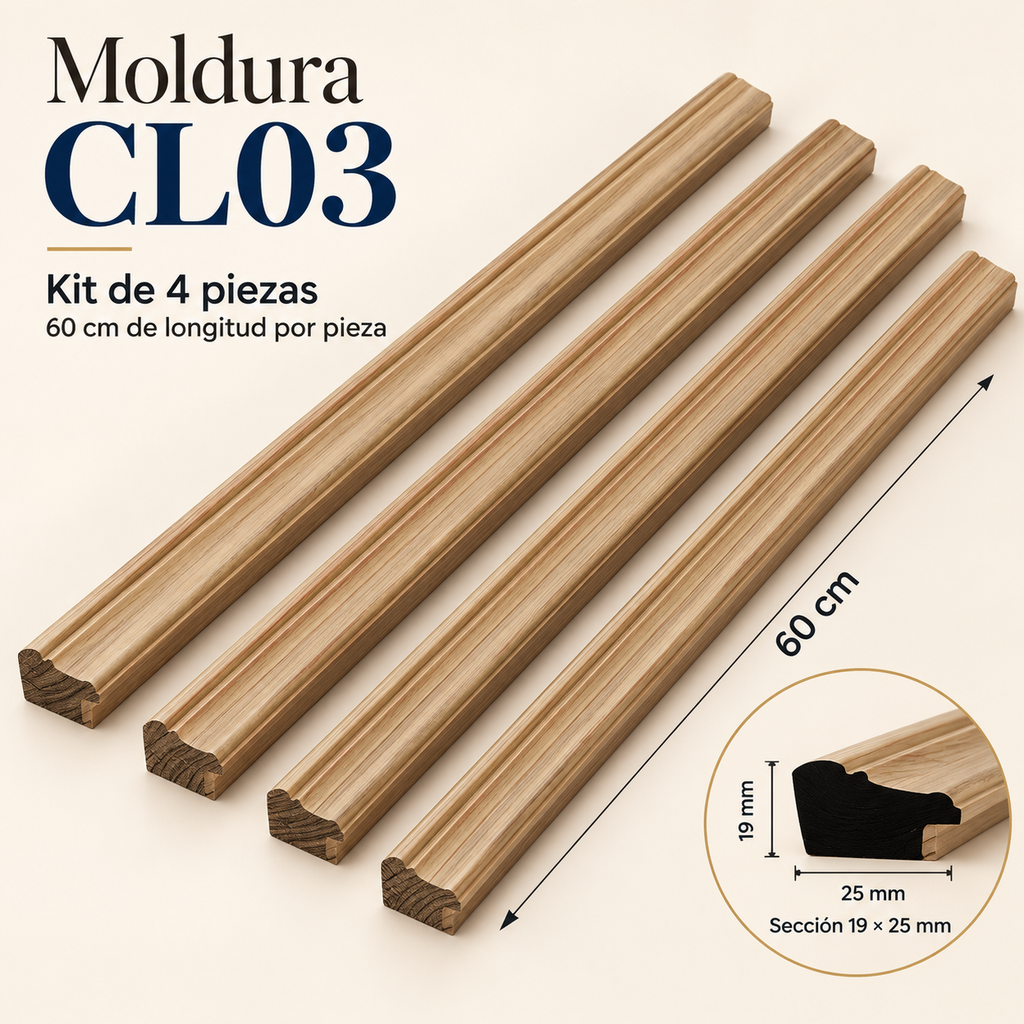 Moldura de madera lisa para marco CL03 – Kit de 4 piezas