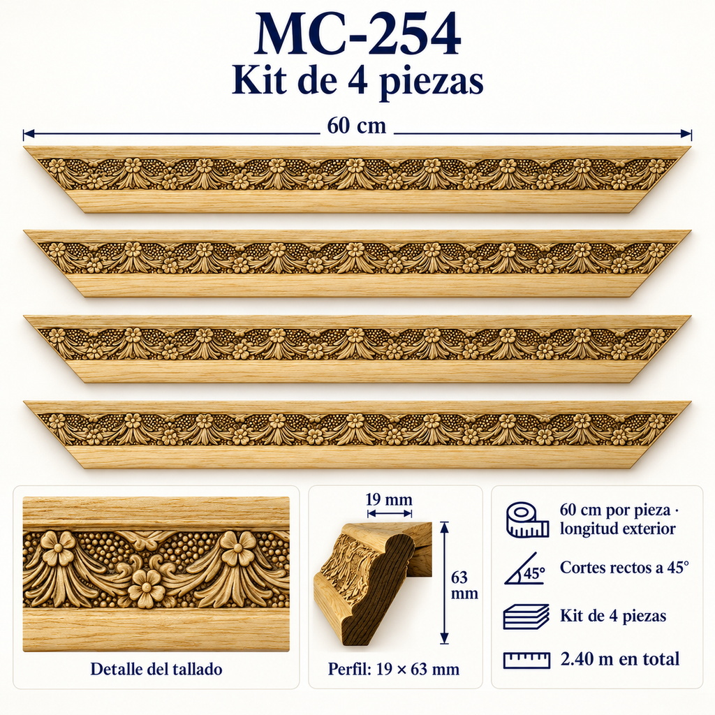 Moldura de madera grabada para marco MC254 – Kit de 4 piezas