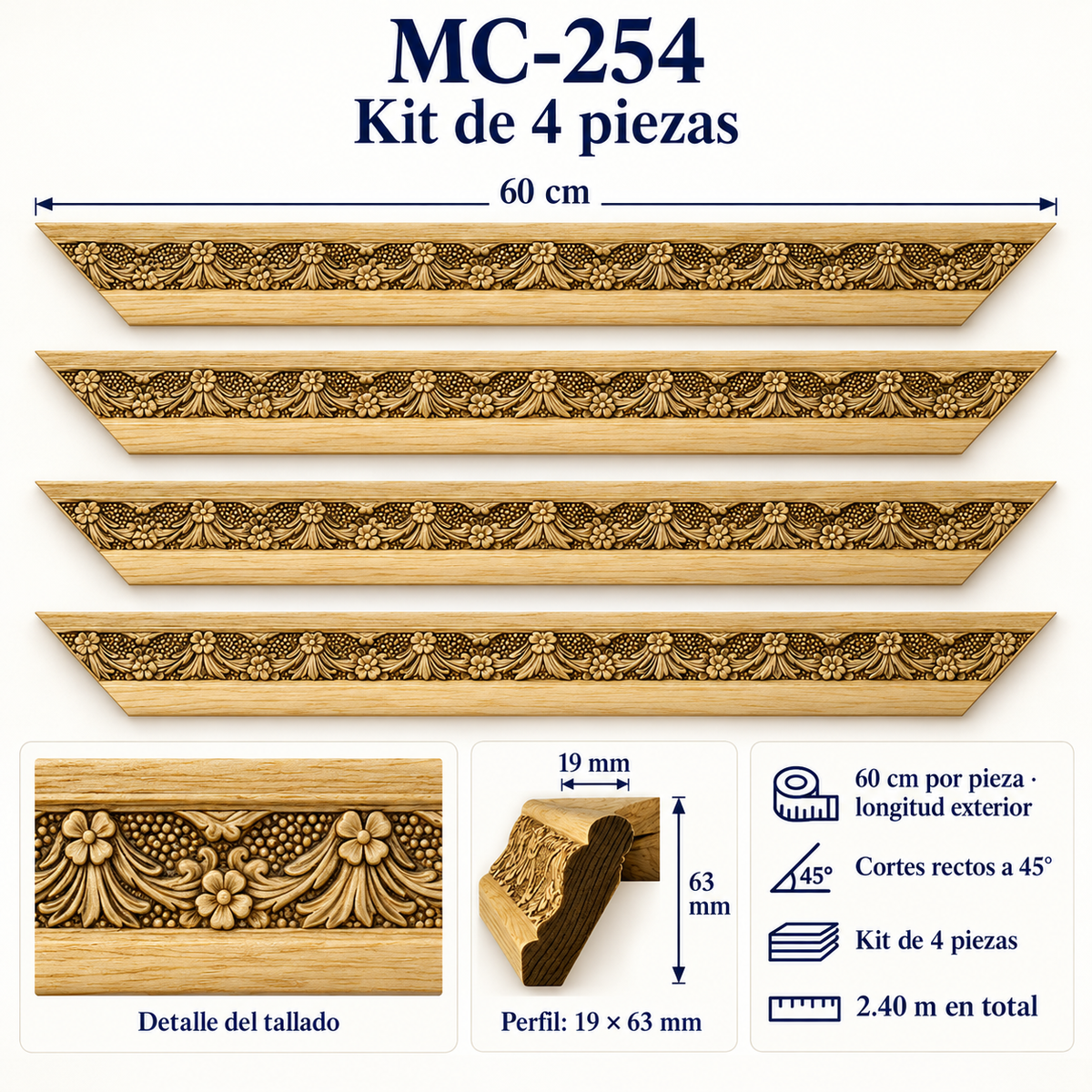 Moldura de madera grabada para marco MC254 – Kit de 4 piezas