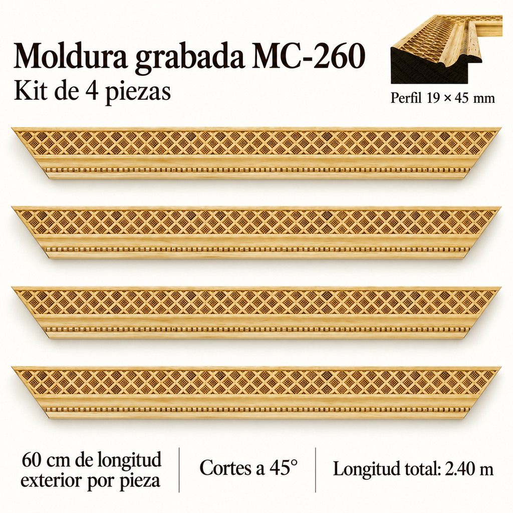 Moldura de madera grabada para marco MC260 – Kit de 4 piezas