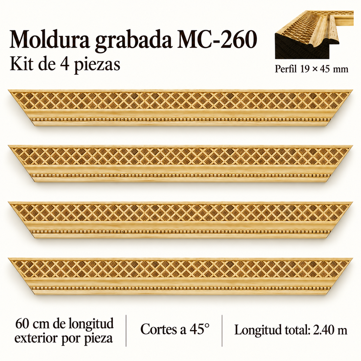 Moldura de madera grabada para marco MC260 – Kit de 4 piezas