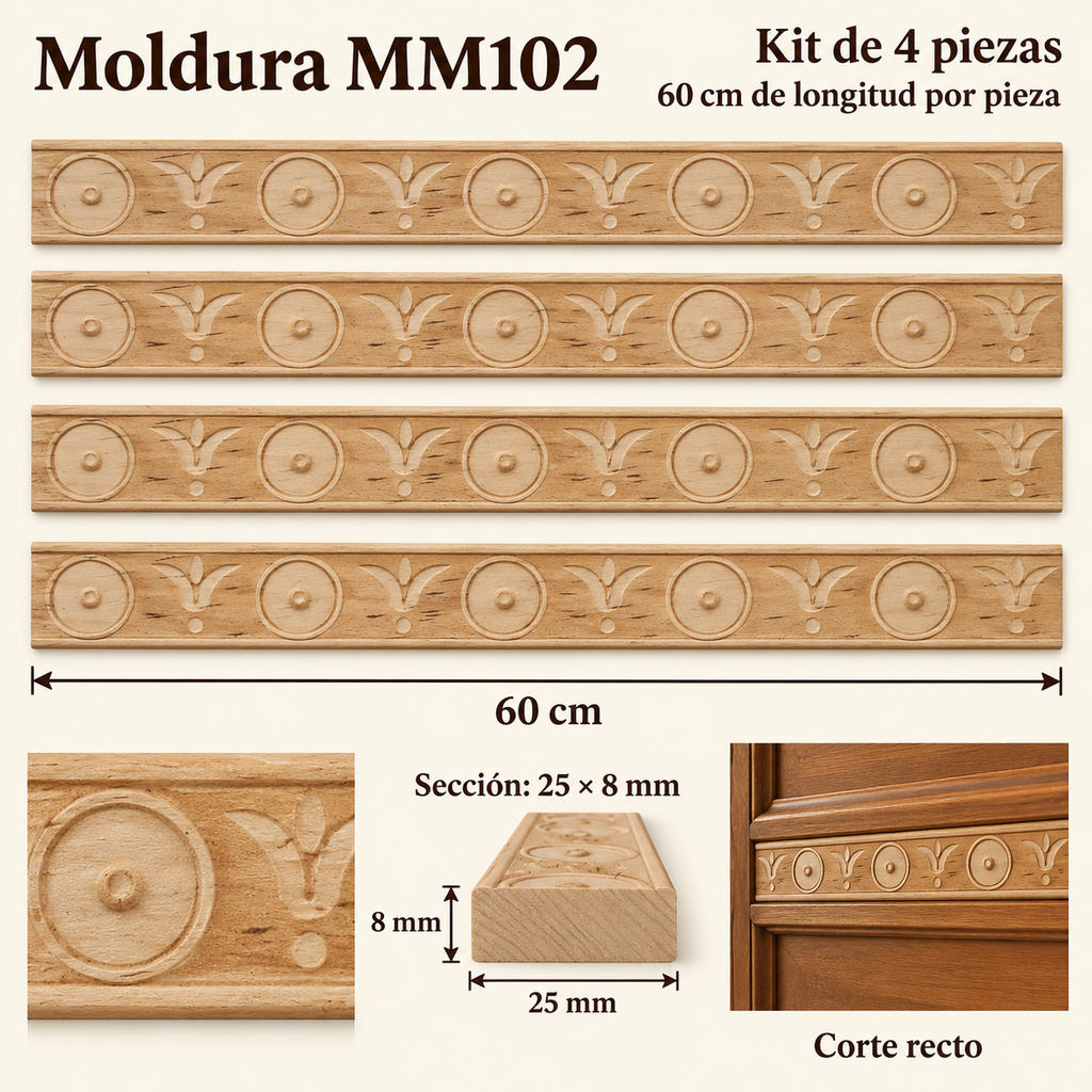 Moldura de madera grabada para mueble MM-102 – Kit de 4 piezas